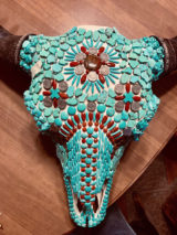 Giant bull bison skull with jasper and Indian head nickels